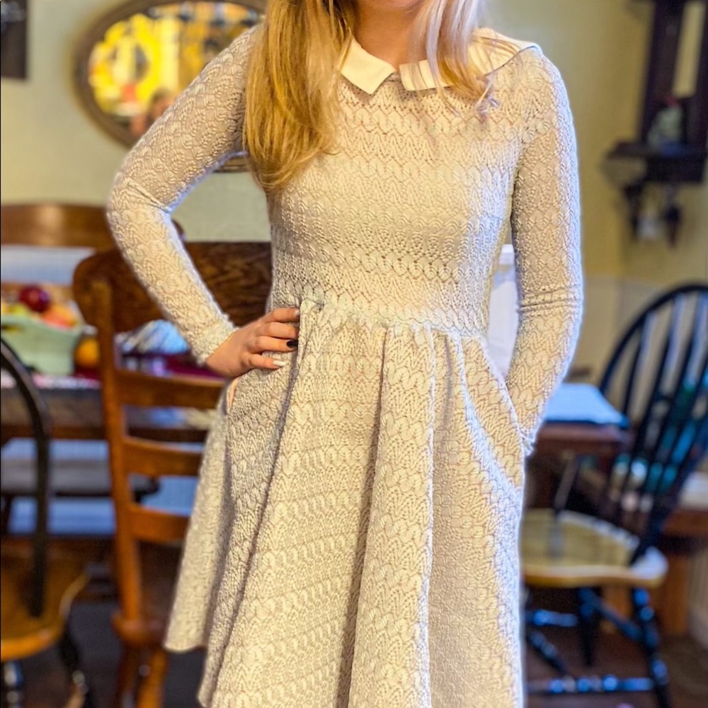 Maje Cream Long Sleeve Lace Fit-and-Flare Dress